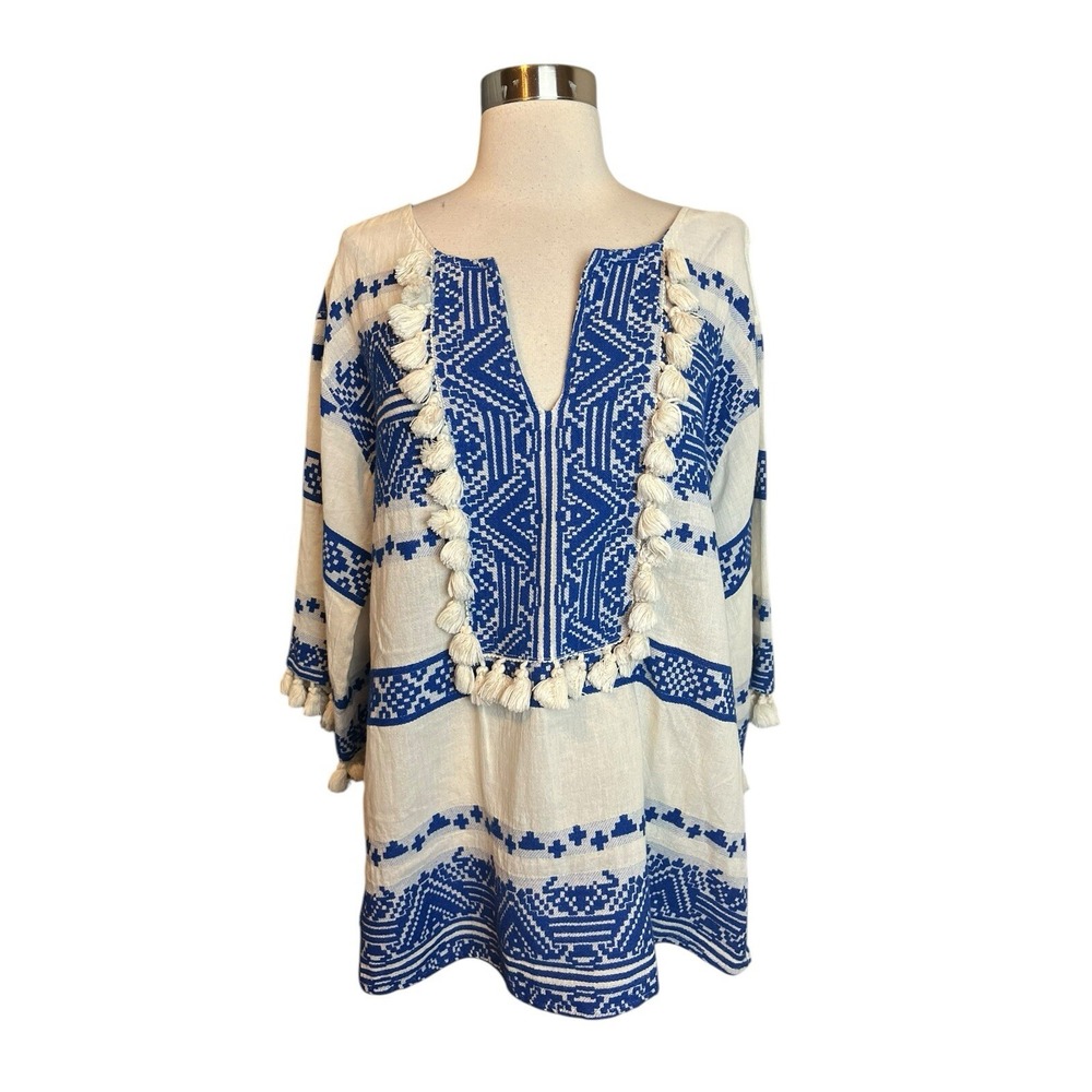 Nejma Tunic Top Size M/L White Blue Tassels V Neck Resortwear